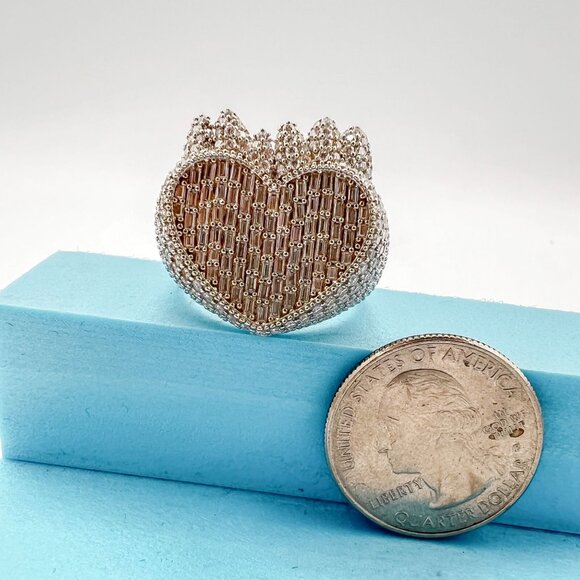 925 Sterling Sliver Moissanite Designer Heart Ring, 4.647ctw VVS Stones Hip Hop - Picture 9 of 9